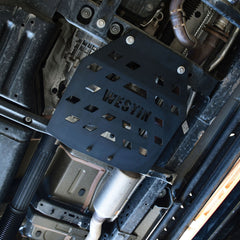 Angled View of Westin Skid Plate on Jeep - Heavy-Duty Textured Black Steel
